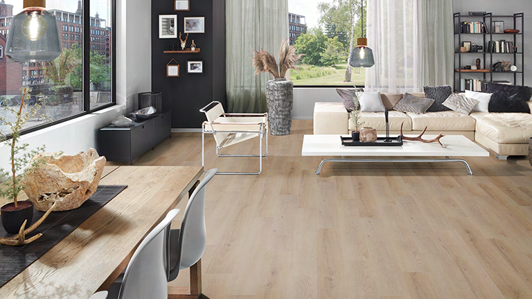 Raumszene, Tisch, Stühle, Fenster, Bodenbelag